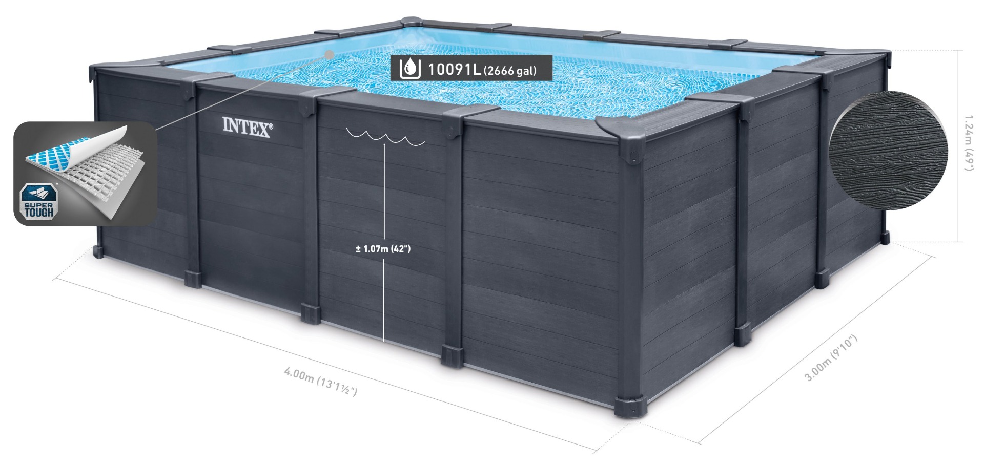 Intex Graphite Panel zwembad - 400 x 300 x 124 cm - met zandfilterpomp en accessoires - afmetingen