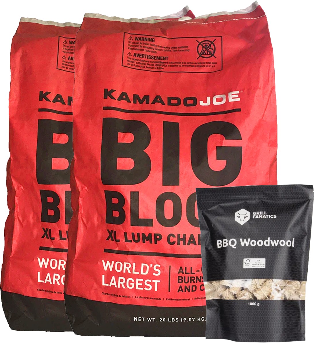 2 zakken Kamado Joe Big Block houtskool en aanmaakwokkels