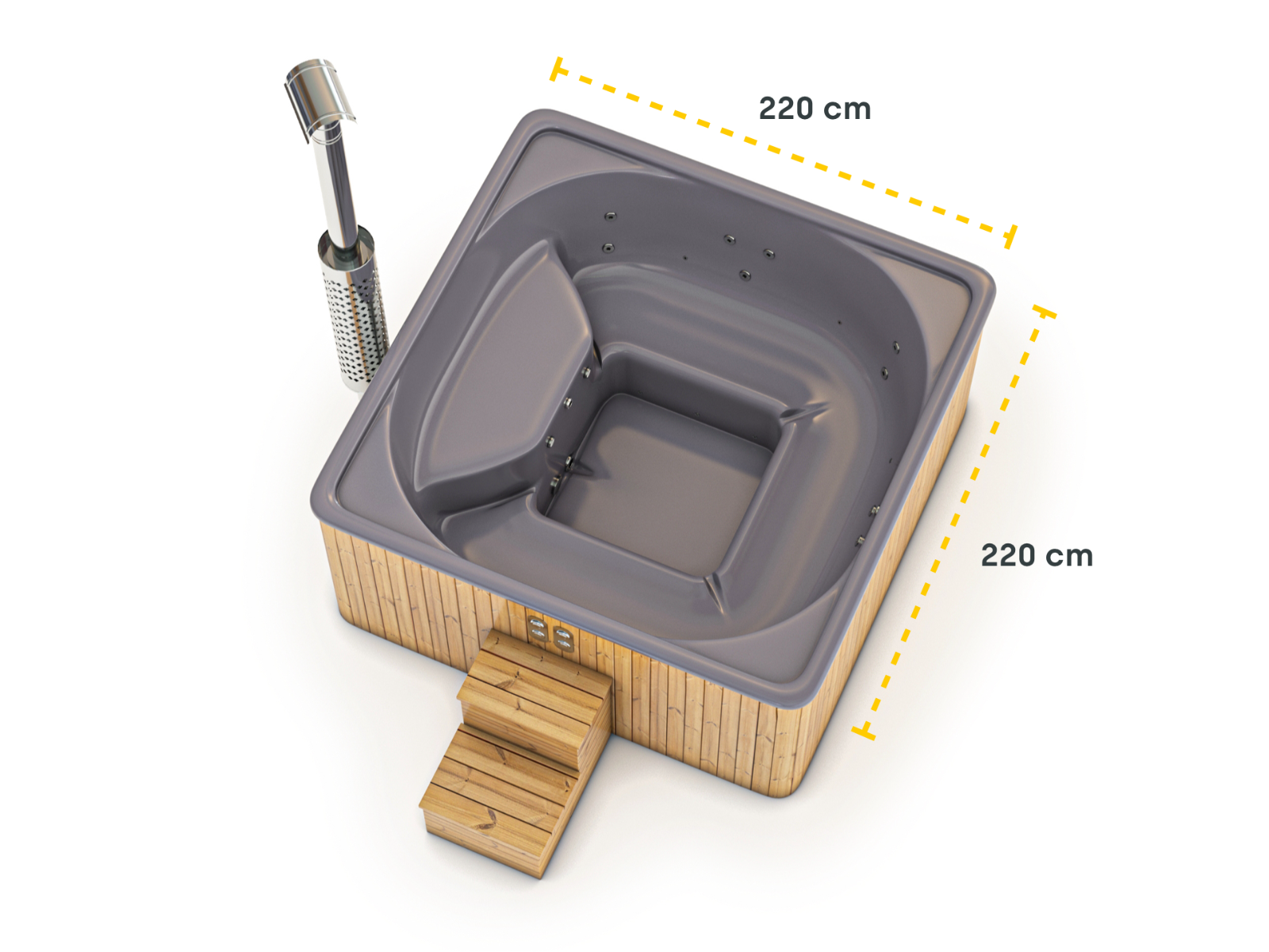 Houtgestookte hottub Intern - vierkant - 5-6 personen - Grijs