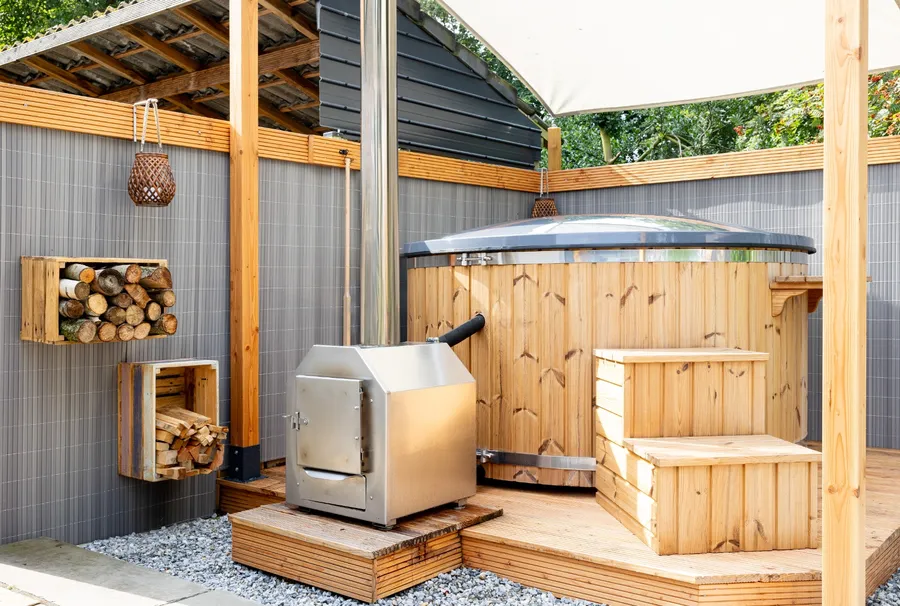 Houtgestookte hottub Extern met filteraansluiting - rond - 6-8 personen - Grijs