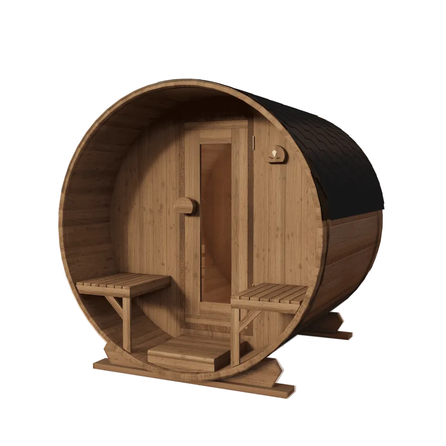Thermowood elektrische barrelsauna met voorportaal - 2 personen