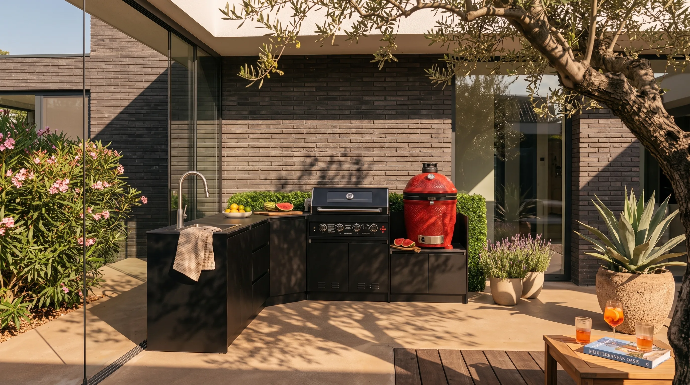 BASTE Architect buitenkeuken met kamado in een tuin bij een moderne woning