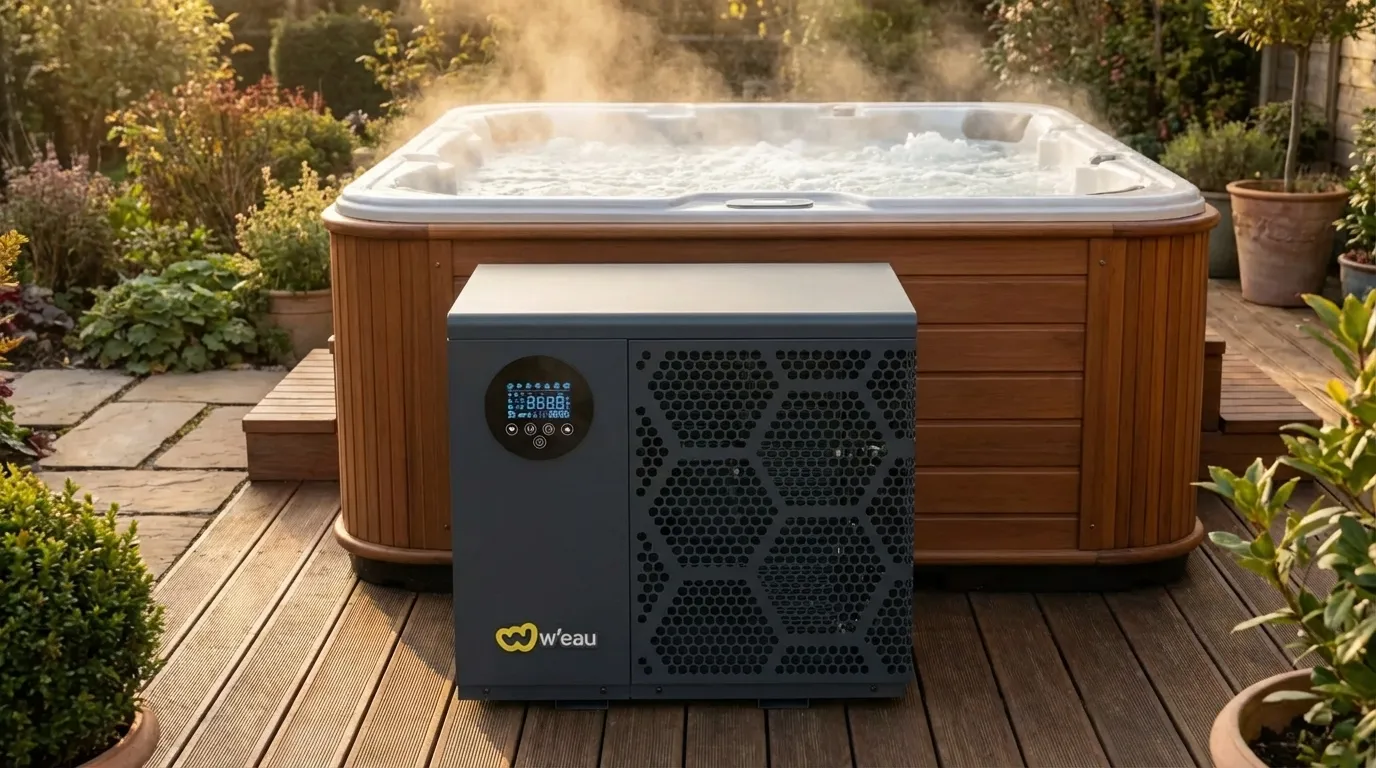 Vaste spa met warmtepomp sfeerbeeld tuin