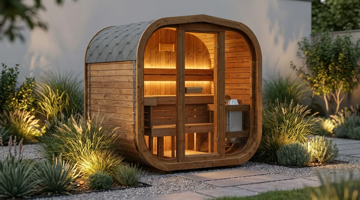 Sfeerbeeld cube sauna in tuin