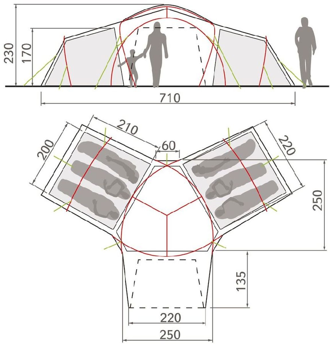 Vaude Badawi Long 6 persoons koepeltent floorplan