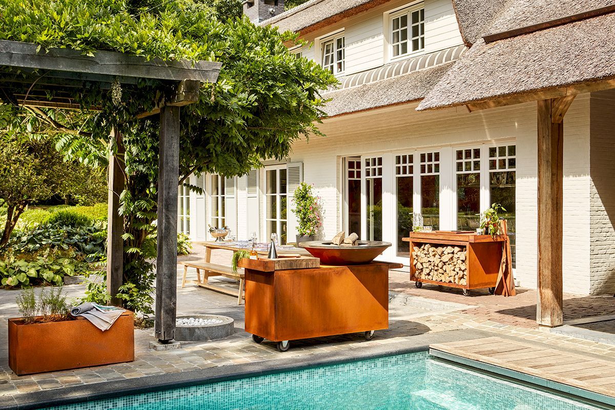 Ofyr Island Pro Cortenstaal met werkblad van teakhout groot