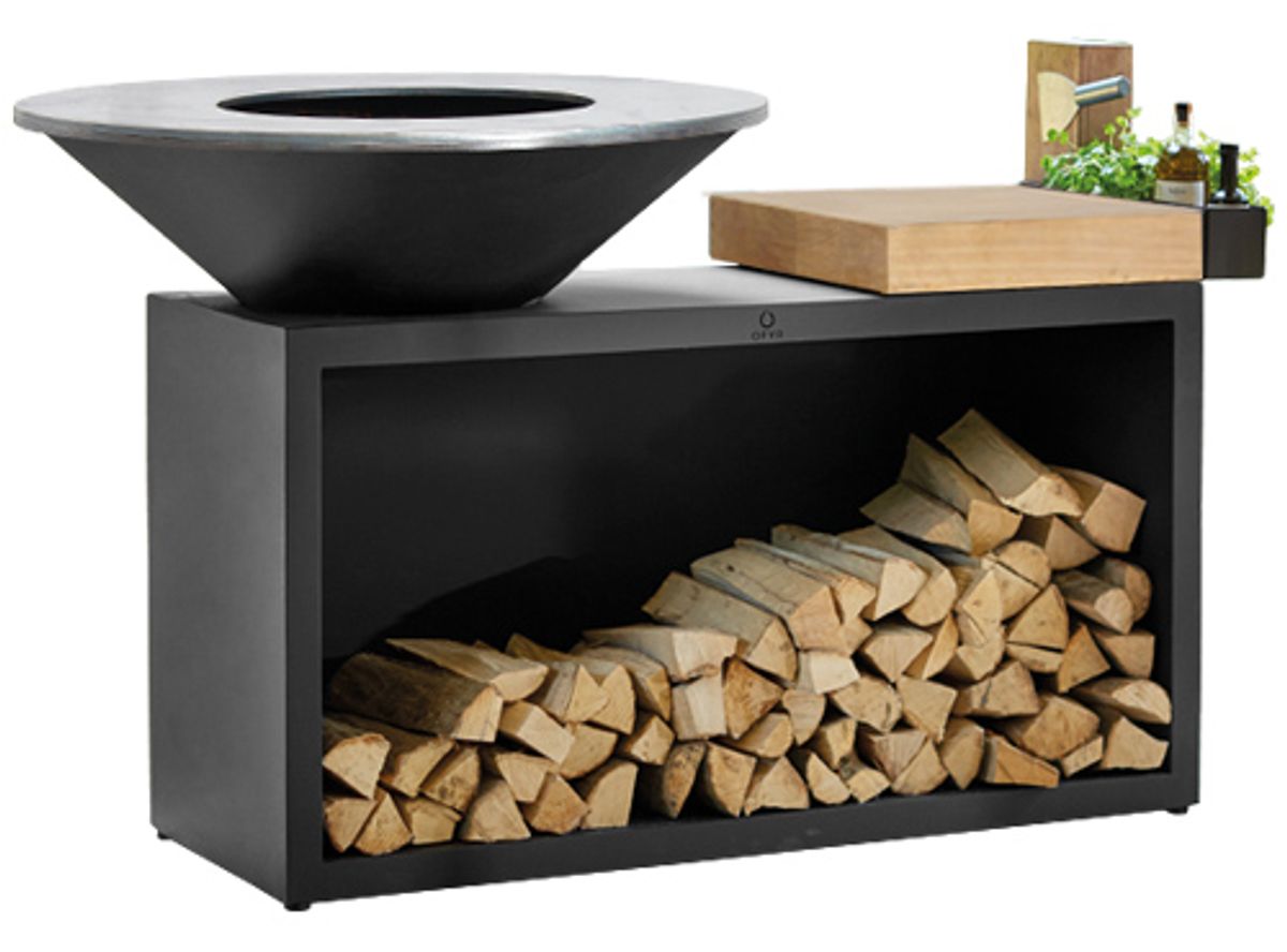 Ofyr Island van zwart gecoat staal met werkblad van teakhout 100-100