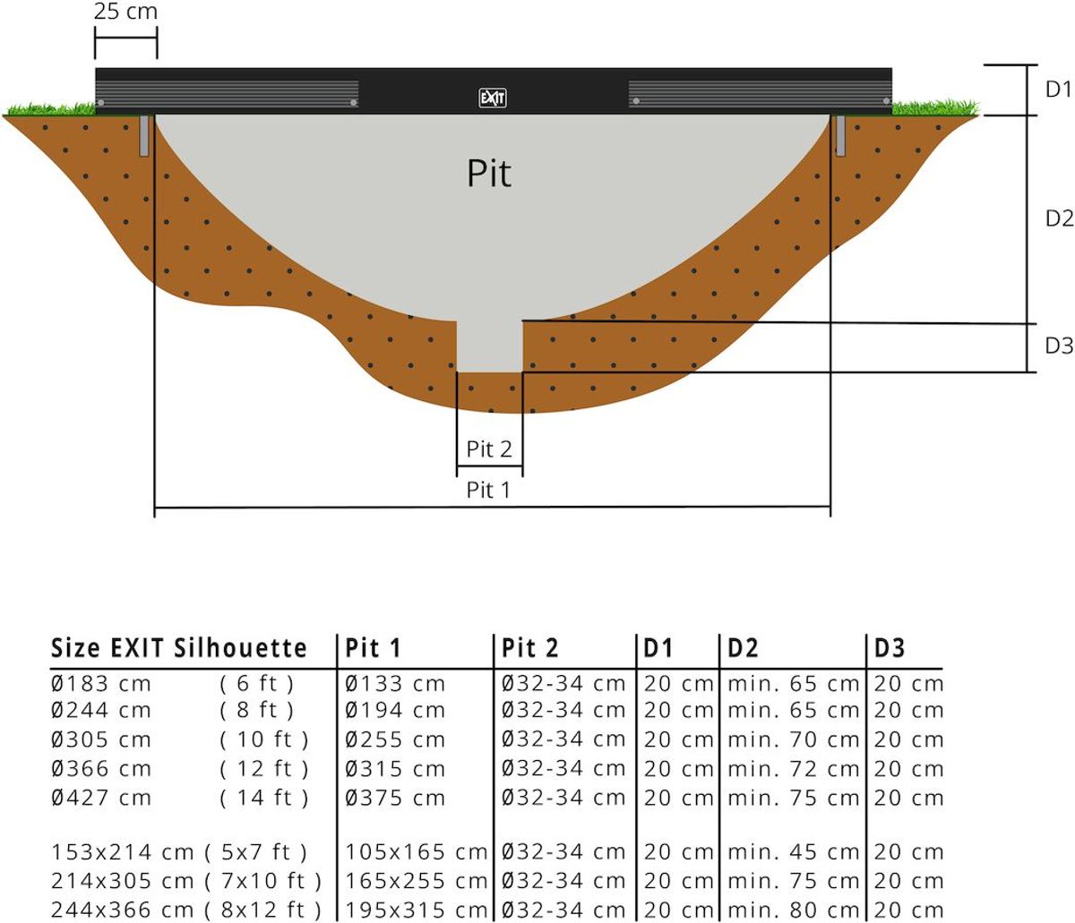 EXIT Silhouette Ground 183 cm zwart trampoline + veiligheidsnet diepte