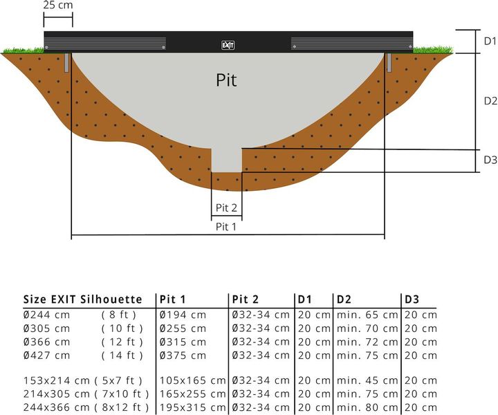EXIT Silhouette Ground 366 cm zwart trampoline + veiligheidsnet diepte