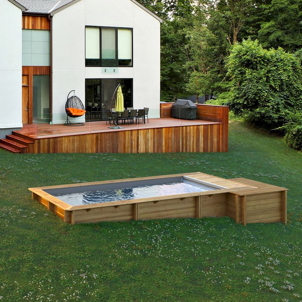 BWT Compact Stadszwembad - 4.20 x 3.50 x 1.33 m - met zandfilterpomp en omkasting in achtertuin