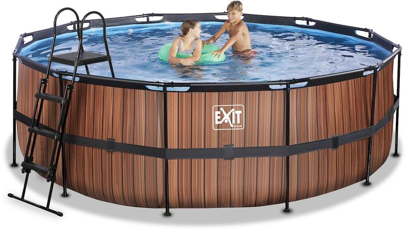 EXIT Wood zwembad - 427 x 122 cm - met zandfilterpomp en trap kinderen in zwembad