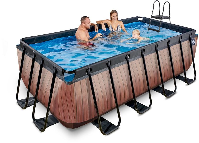 EXIT Wood zwembad - 400 x 200 x 122 cm - met zandfilterpomp en trap sfeerbeeld gezin