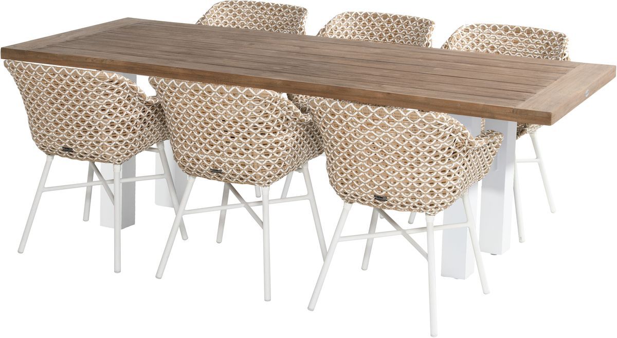 Hartman Delphine tuinstoel - wit frame - beige - set van 6 met houten tuintafel
