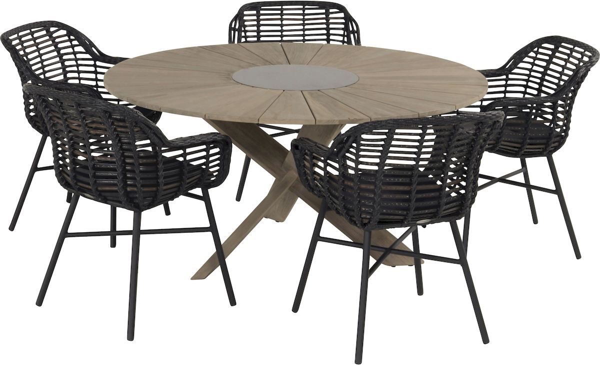 Hartman Cecilia tuinstoel - zwart frame - zwart - set van 5 met ronde tuintafel
