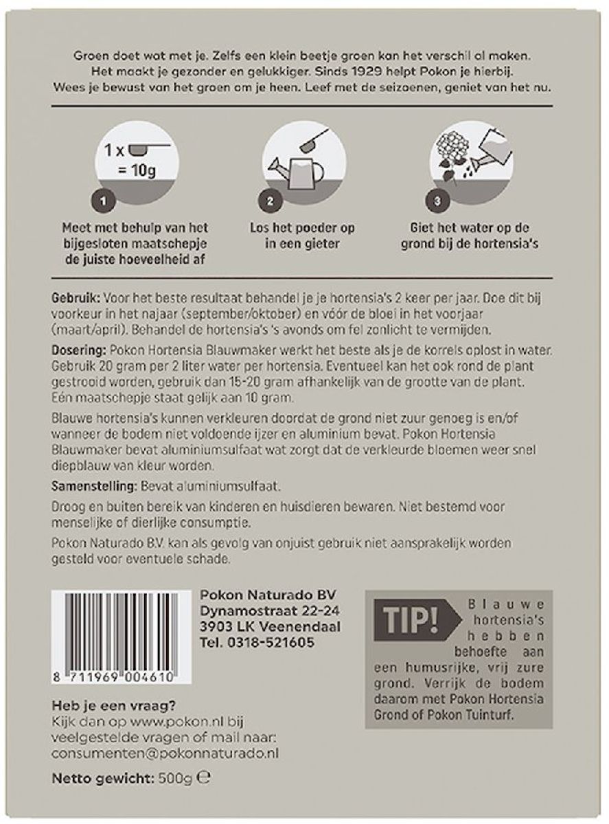 Pokon Hortensia Blauwmaker - 500 gr, achterkant