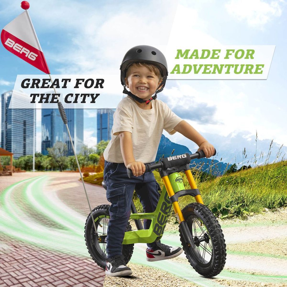 BERG Biky Cross loopfiets - Groen, in gebruik door kind