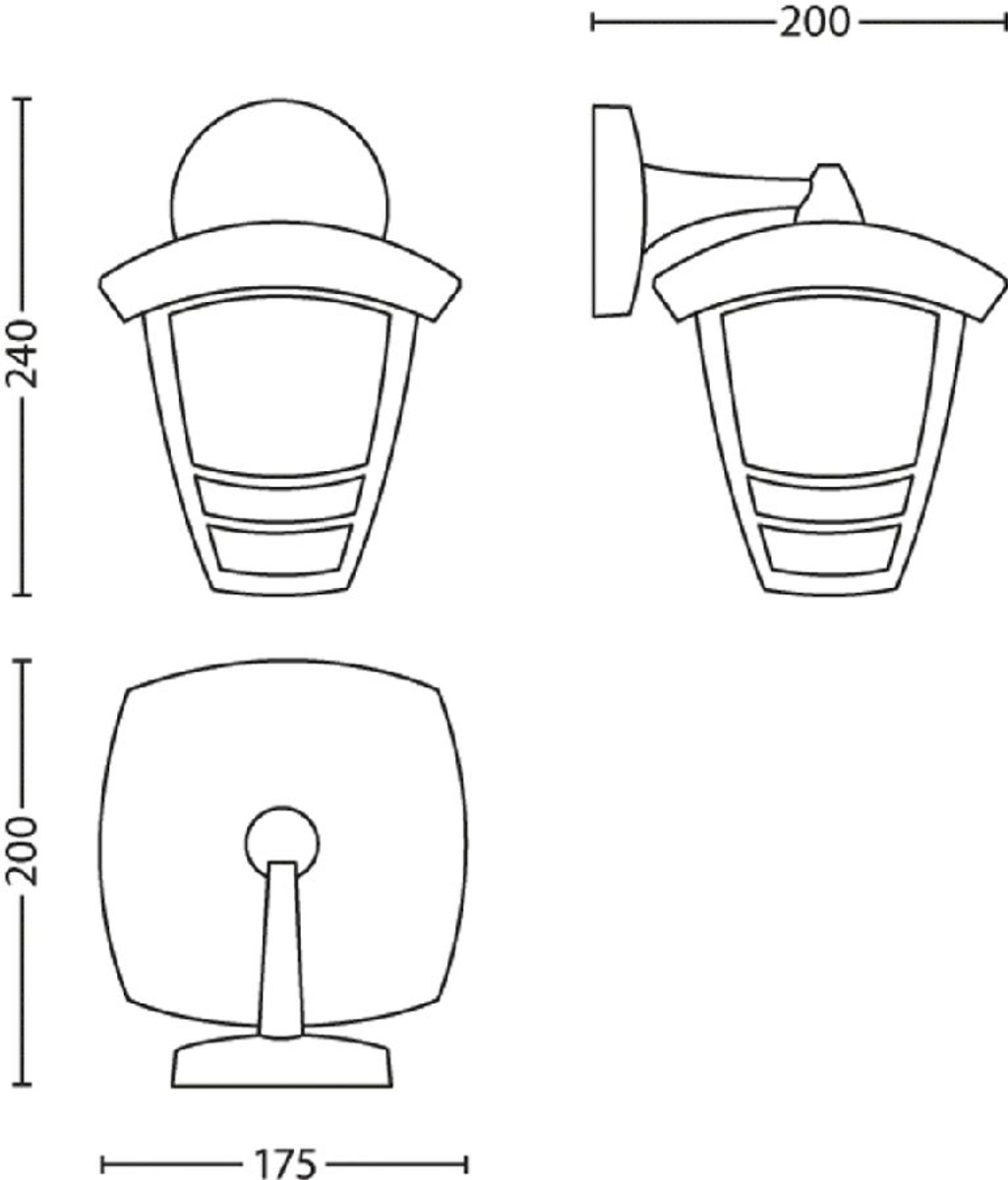 Philips myGarden Creek Down E27 wandlamp - Zwart - technische tekening