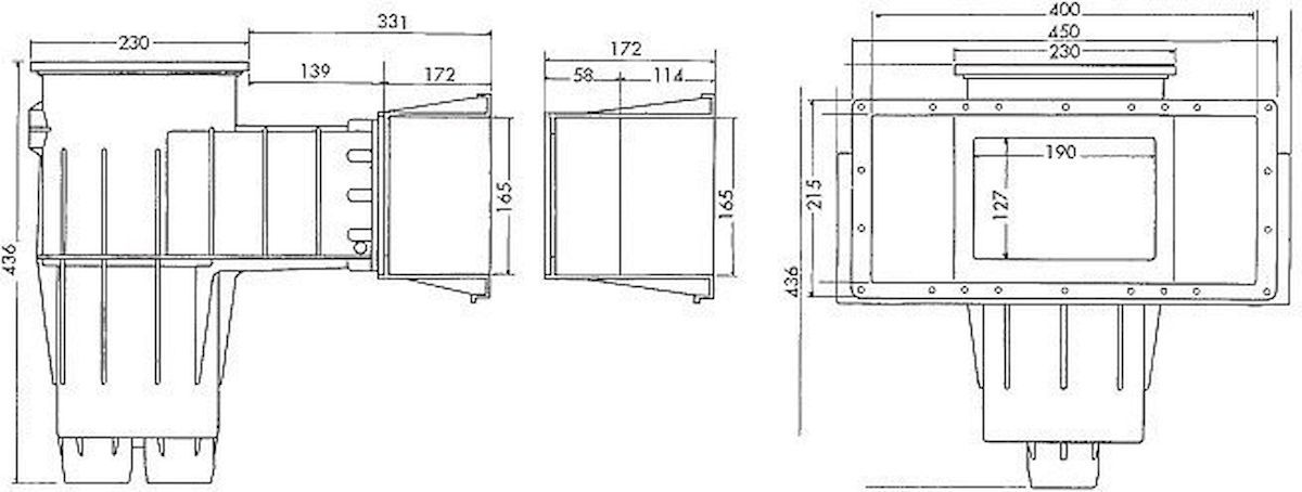 AQS skimmer brede zuigmond wit - tekening met afmetingen
