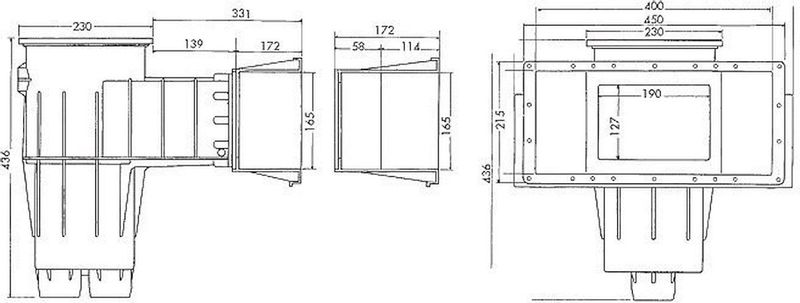 AQS skimmer brede zuigmond wit - tekening met afmetingen