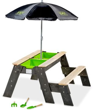 EXIT Aksent zand- water- en picknicktafel - 1 bankje met parasol en tuingereedschap