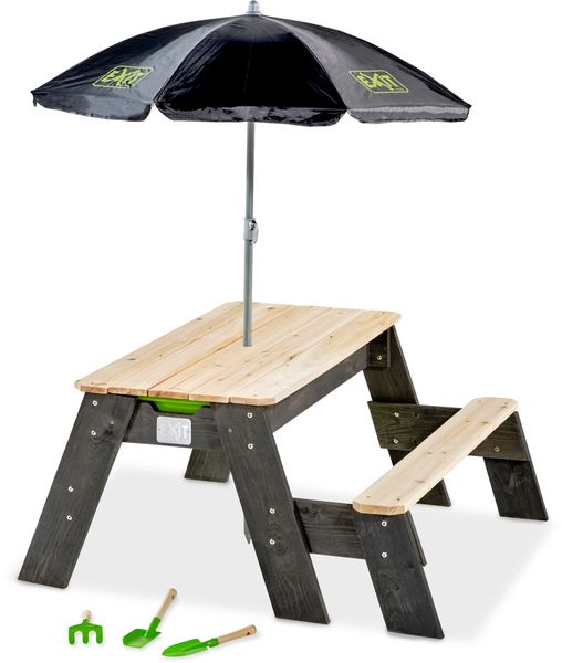 EXIT Aksent zand- water- en picknicktafel - 1 bankje met parasol en tuingereedschap dicht