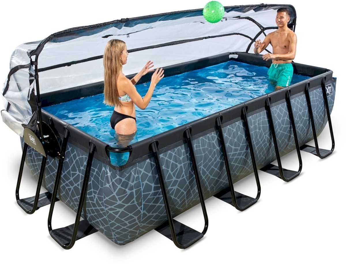 EXIT Stone zwembad - 400 x 200 x 100 cm - met zandfilterpomp, trap en overkapping 