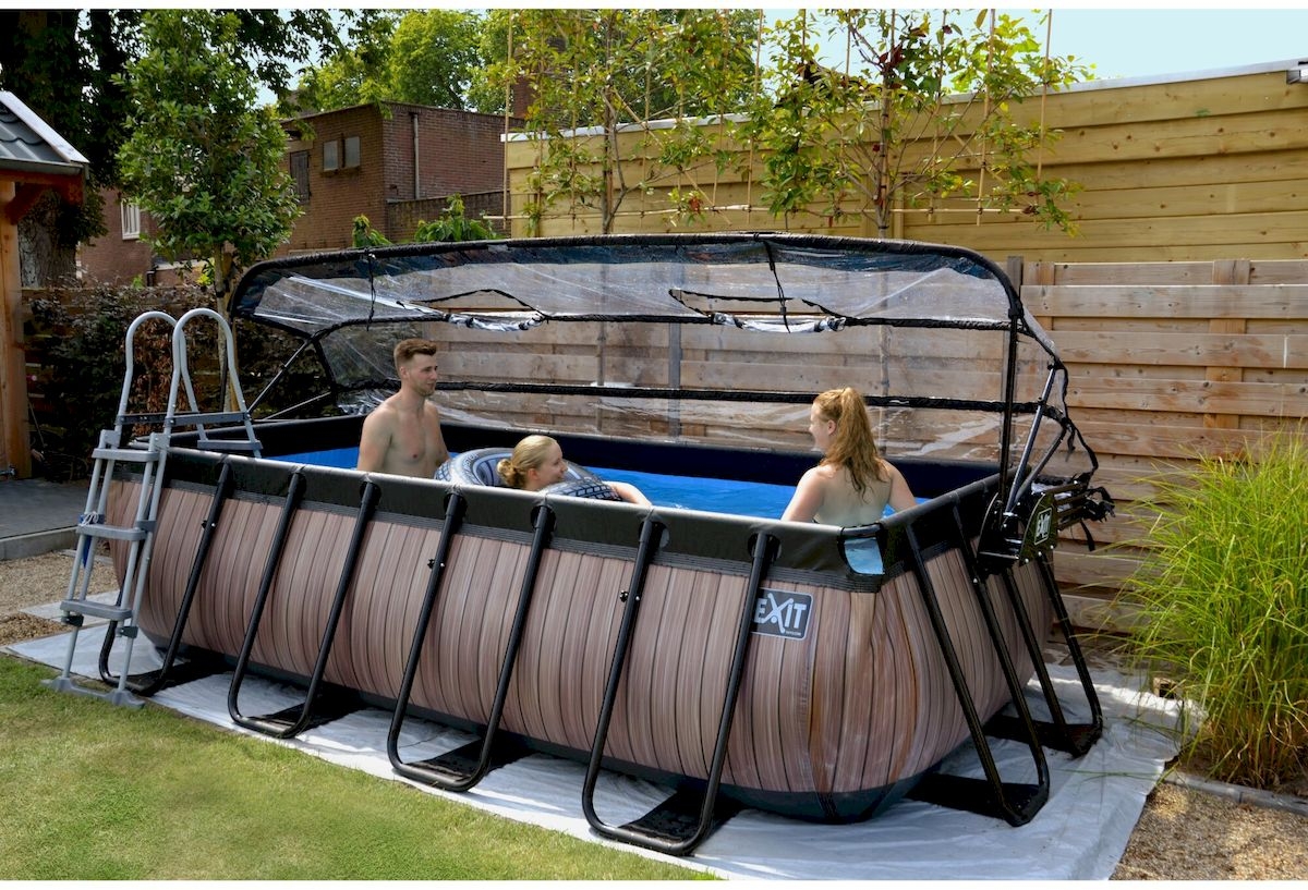EXIT Wood zwembad - 400 x 200 x 100 cm - met zandfilterpomp, trap en overkapping 