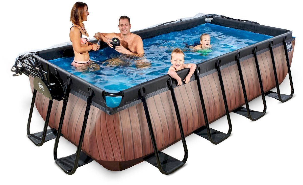 EXIT Wood zwembad - 400 x 200 x 100 cm - met zandfilterpomp, trap en overkapping 