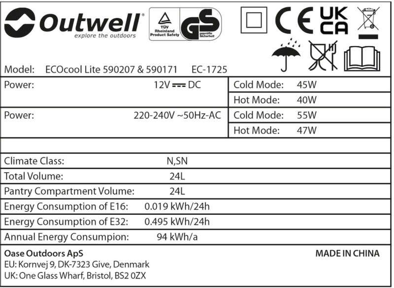 Outwell AC/DC Adapter für Kühlboxen - Schwarz