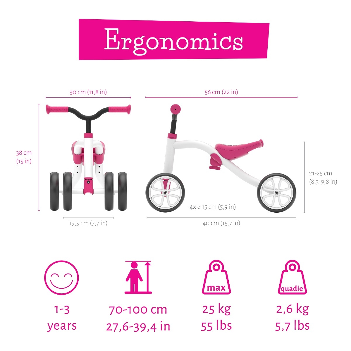 Chillafish Quadie loopfiets - Roze -  maten