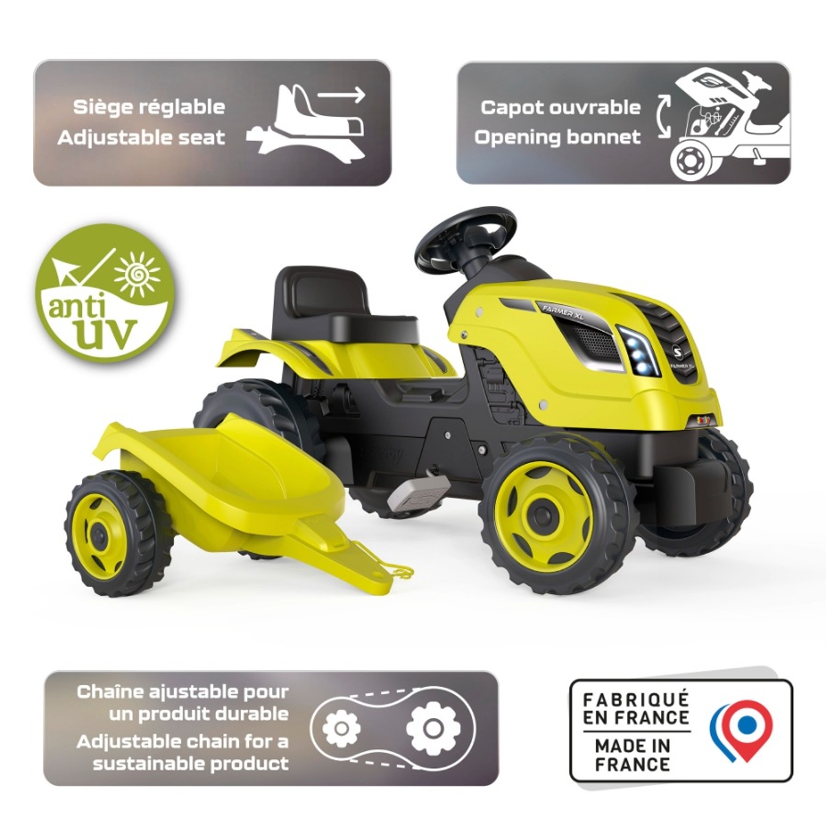 Smoby Farmer XL traptrekker met trailer - Groen