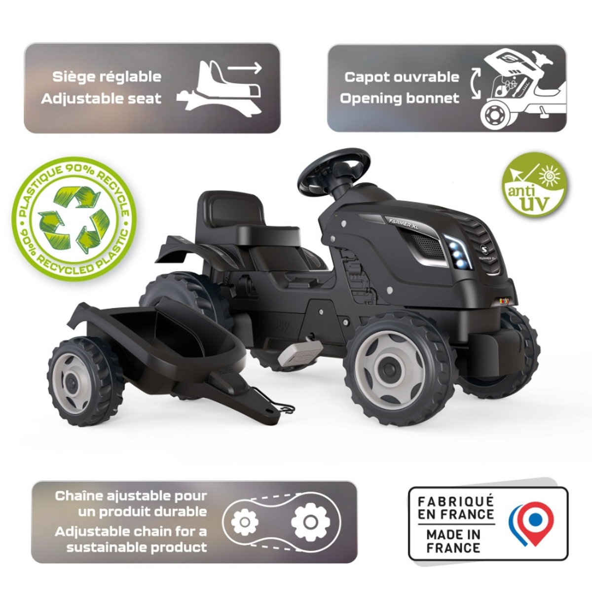 Smoby Farmer XL traptractor met trailer - Zwart