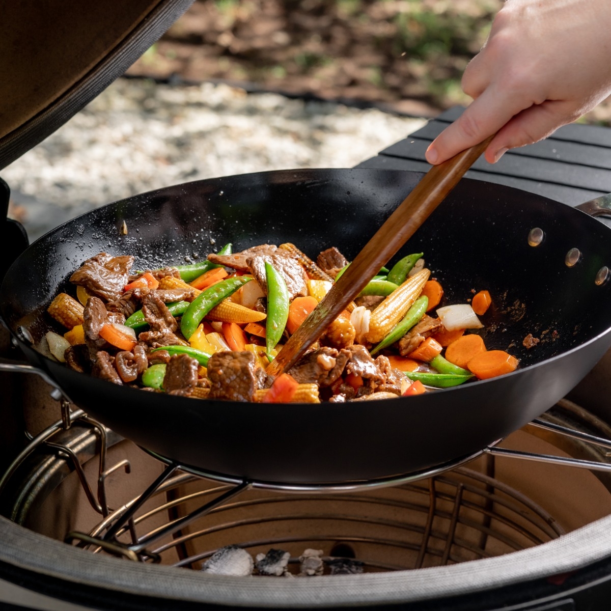 Kamado Joe Karbon Steel Half Moon Pan - in use