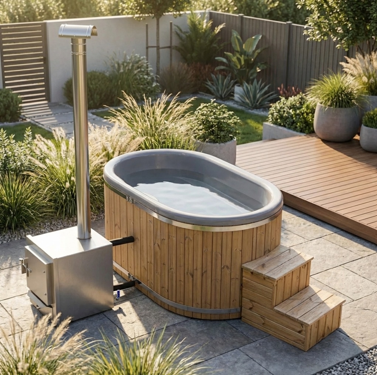 Houtgestookte hottub Extern - ovaal - 2 personen - Grijs