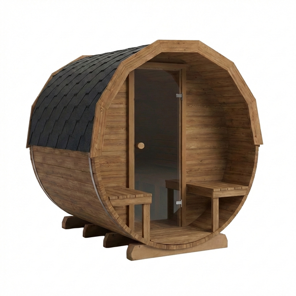Thermowood houtgestookte barrelsauna met voorportaal - 6 personen