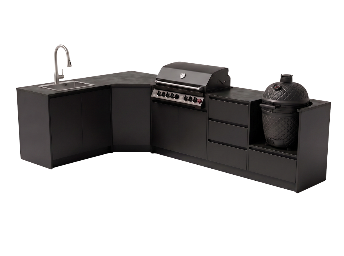 BASTE Architect buitenkeuken L-opstelling met gas grill, kamado en spoelbak