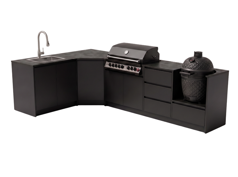 BASTE Architect buitenkeuken L-opstelling met gas grill, kamado en spoelbak