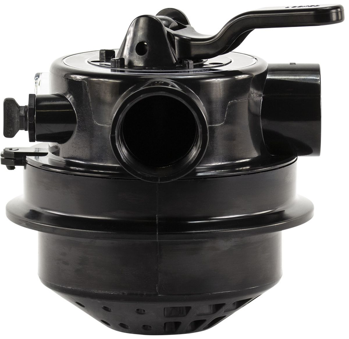 Mega 4-weg klep met klemdeksel 1,5" topmount voor FSP zandfilterset zijaanzicht.