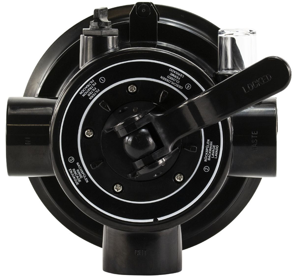 Mega 4-weg klep met klemdeksel 1,5" topmount voor FSP zandfilterset bovenaanzicht.