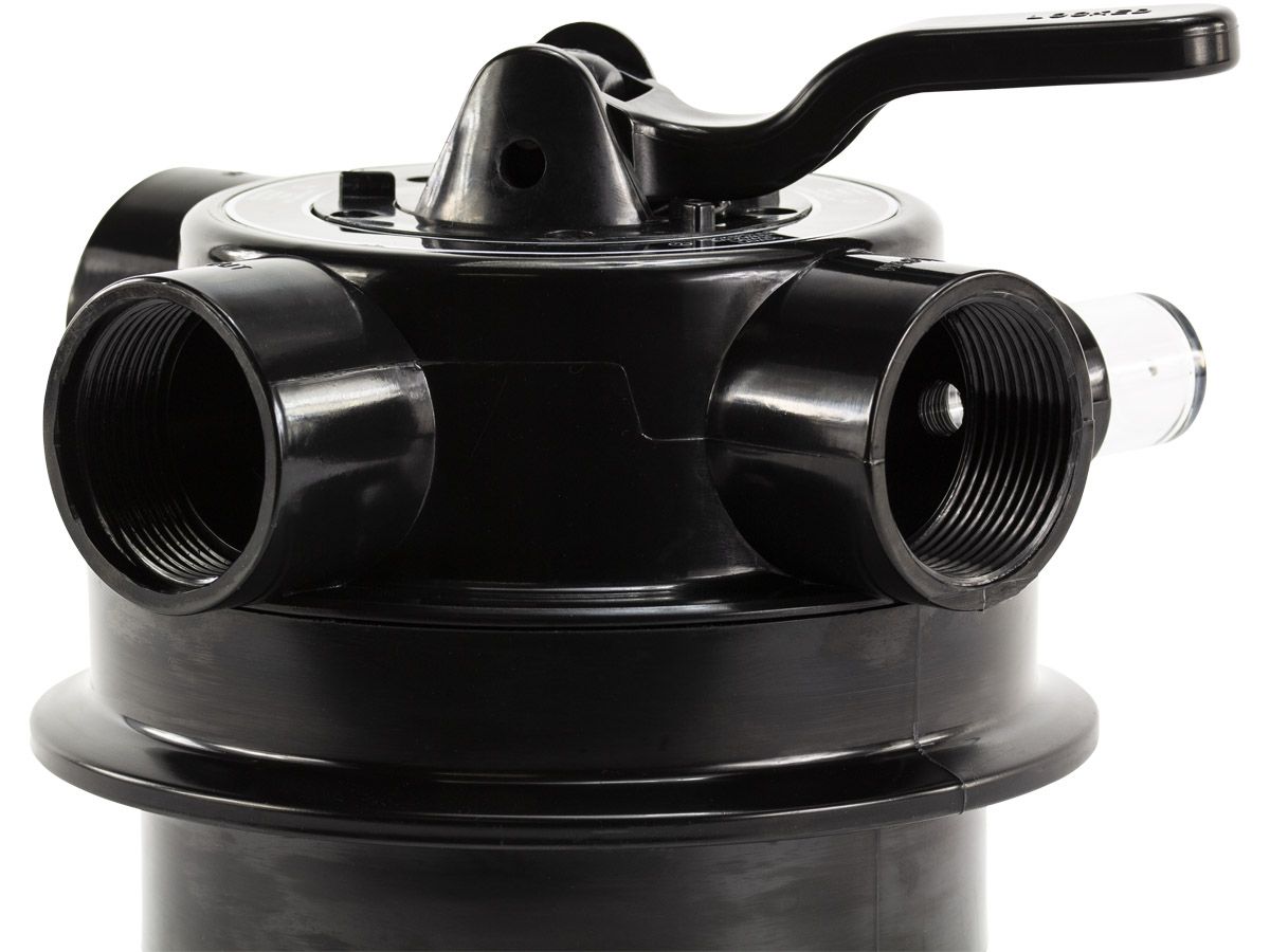 Mega 4-weg klep met klemdeksel 1,5" topmount voor FSP zandfilterset detail aansluiting.