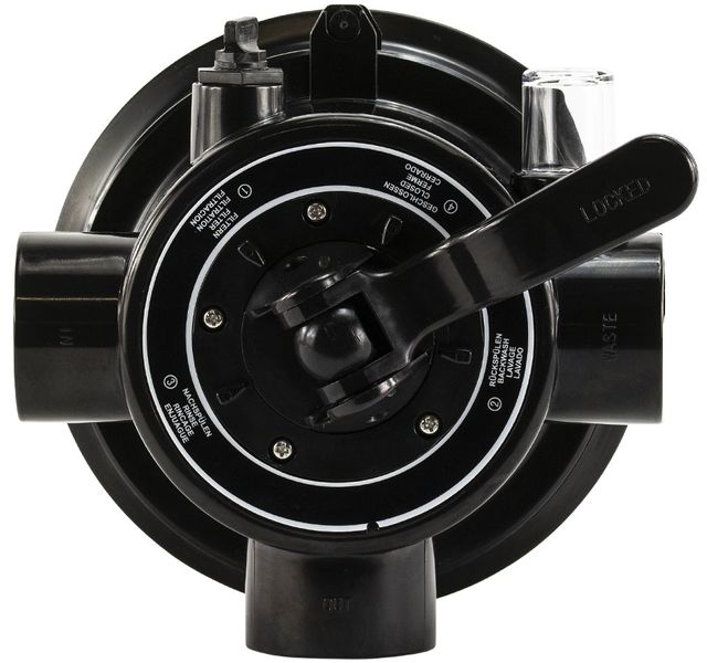 Mega 4-weg klep met klemdeksel 1,5" topmount voor FSP zandfilterset bovenaanzicht.