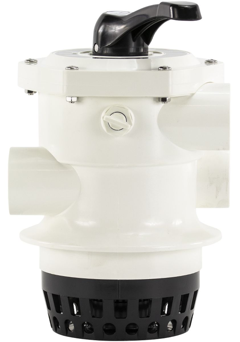 Mega 6-weg klep met klemdeksel 1,5" topmount voor FSF zandfilterset vooraanzicht.