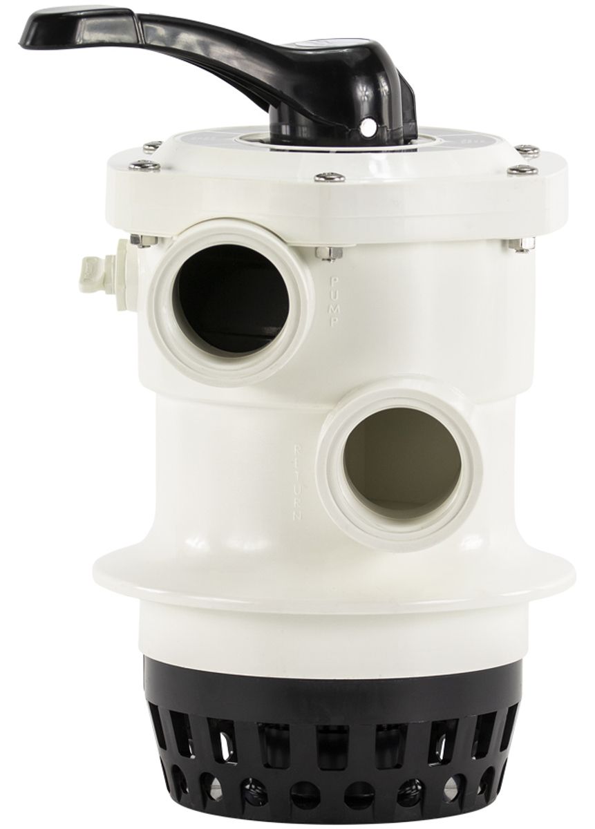 Mega 6-weg klep met klemdeksel 1,5" topmount voor FSF zandfilterset zijaanzicht.