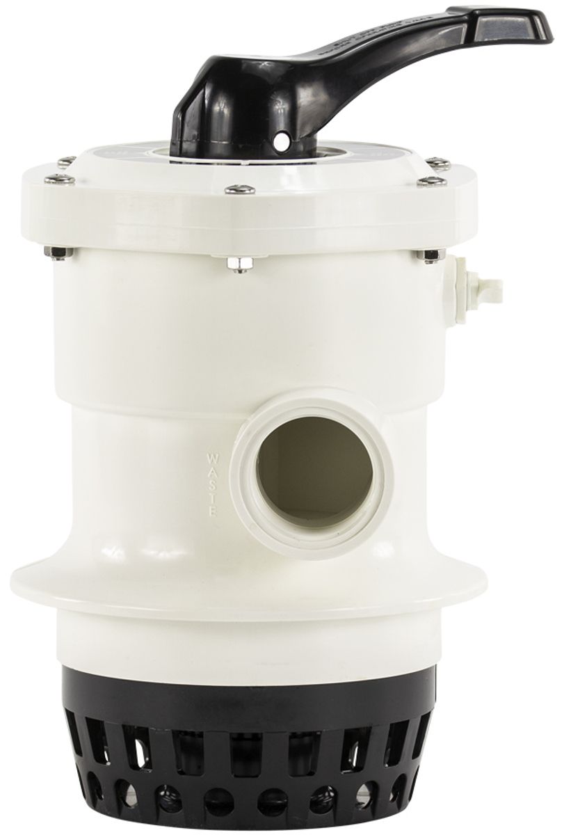 Mega 6-weg klep met klemdeksel 1,5" topmount voor FSF zandfilterset zijaanzicht.