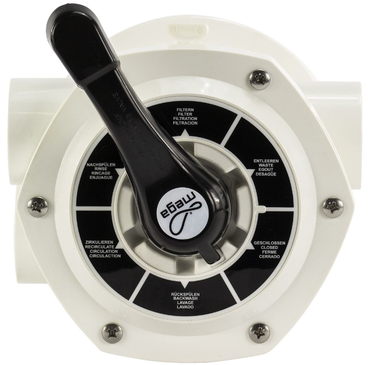 Mega 6-weg klep met klemdeksel 1,5" topmount voor FSF zandfilterset bovenaanzicht.