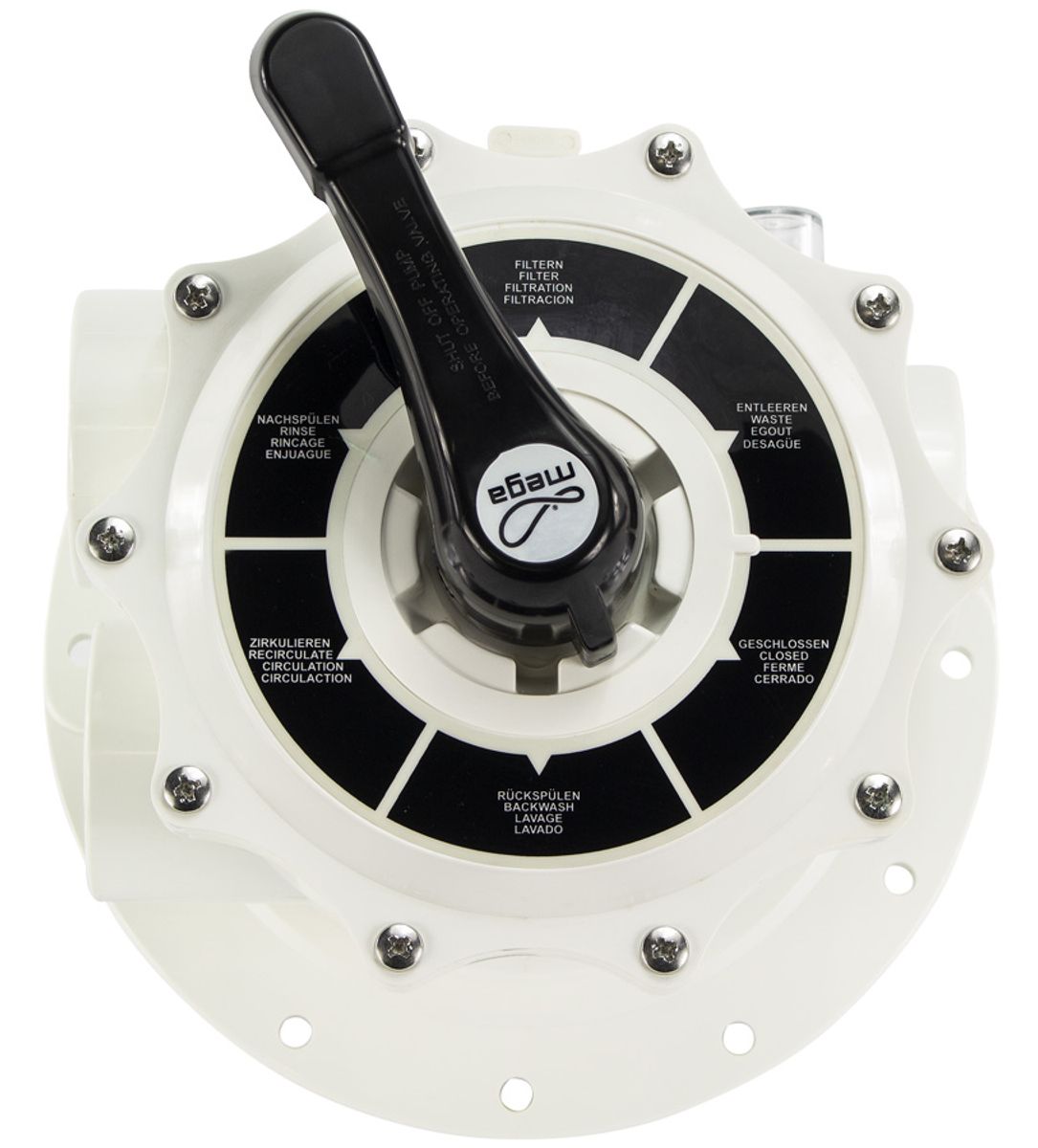 Mega 6-weg klep 2" topmount voor V700, V800 zandfilter bovenaanzicht.