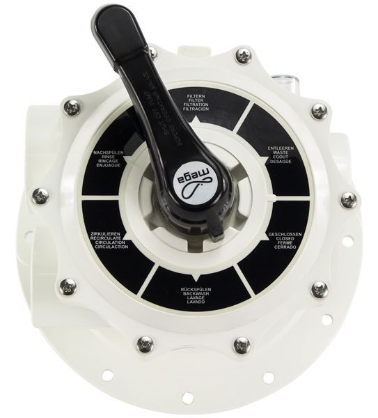 Mega 6-weg klep 2" topmount voor V700, V800 zandfilter bovenaanzicht.