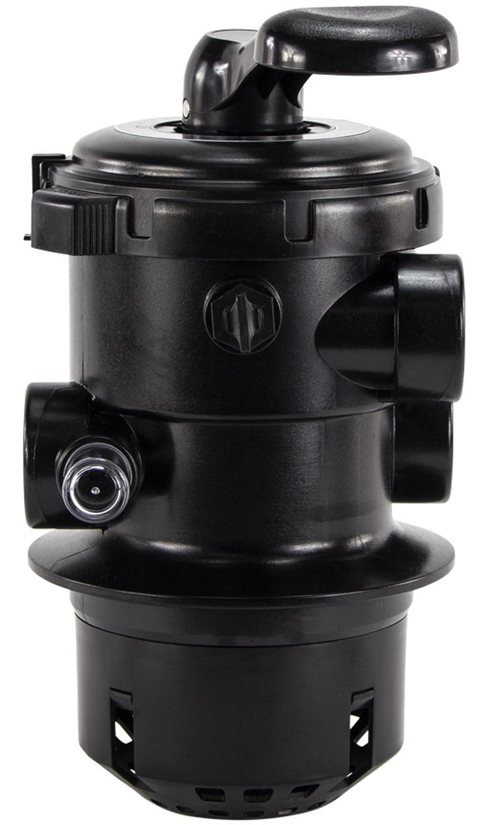 Mega+ 6-weg klep met klemdeksel 1,5" topmount voor MFV zandfilter vooraanzicht.