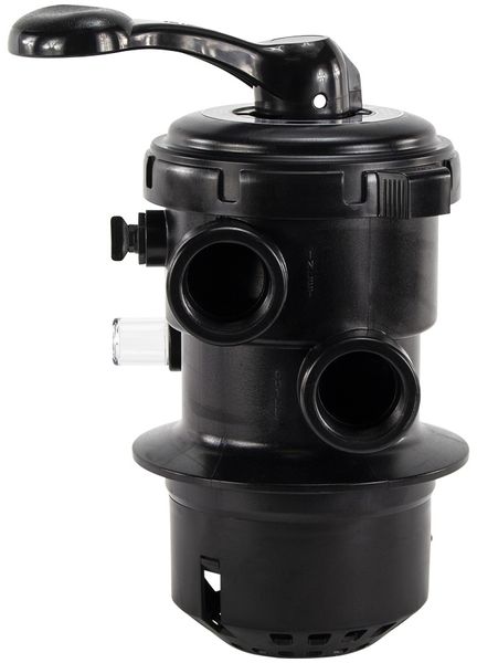 Mega+ 6-weg klep met klemdeksel 1,5" topmount voor MFV zandfilter zijaanzicht.