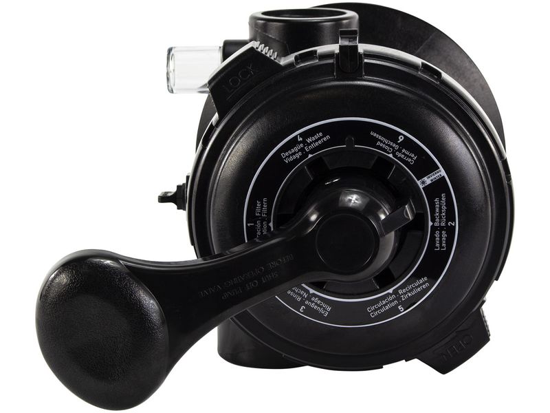 Mega+ 6-weg klep met klemdeksel 2" topmount voor MFV zandfilter bovenaanzicht.